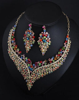 Full Rhinestone Color Clavicle Necklace Earrings Set Dress