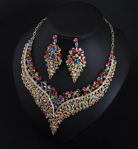 Full Rhinestone Color Clavicle Necklace Earrings Set Dress