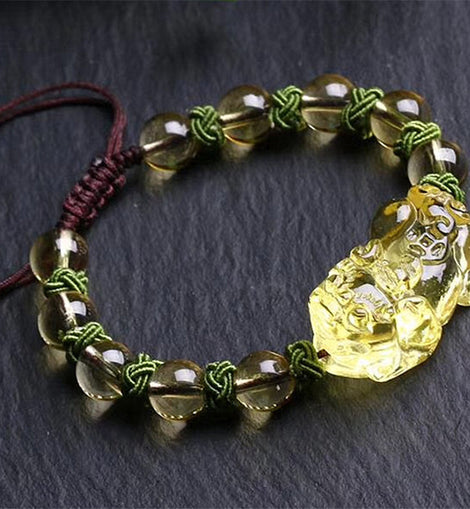 Pixiu Bracelet With Natural Citrine 8-10mm Round Bead Bracelet - AMJ Jewelry & Watches Web Store