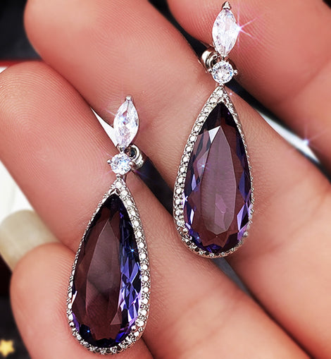 Micro-inlaid Purple Zircon Long Women Bridal Earrings - AMJ Jewelry & Watches Web Store